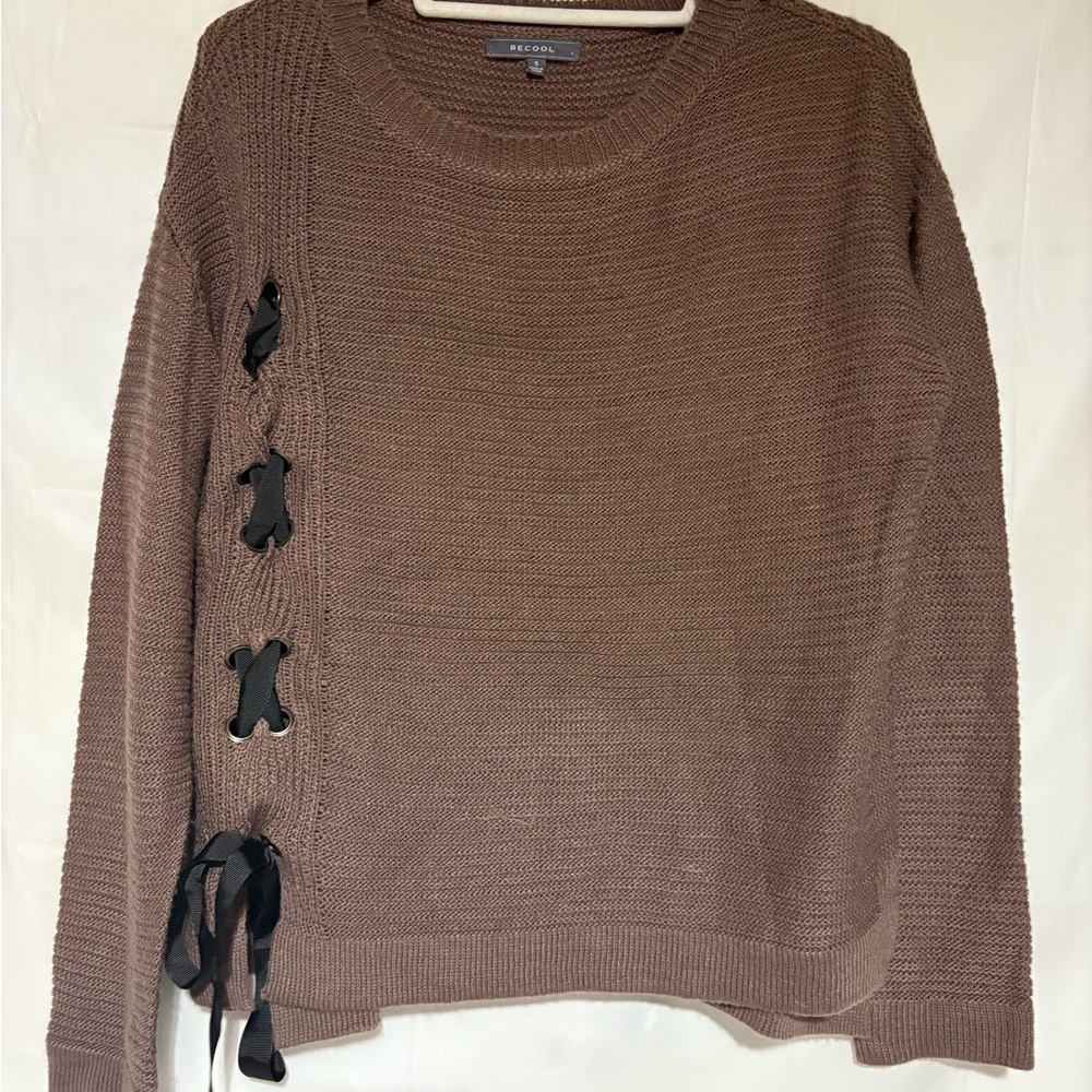 BE COOL Taupe Sweater with Black Ribbon Accents
